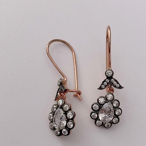 925 Silver drop cz stones halo french wire earrings 14k rose gold plated